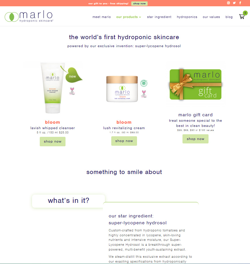 Marlo Hydroponic Skincare Products Page