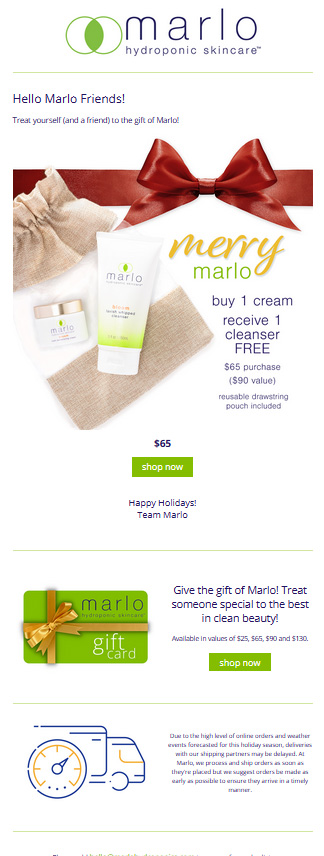 marlo hydroponic skincare newsletter sample holiday 2021